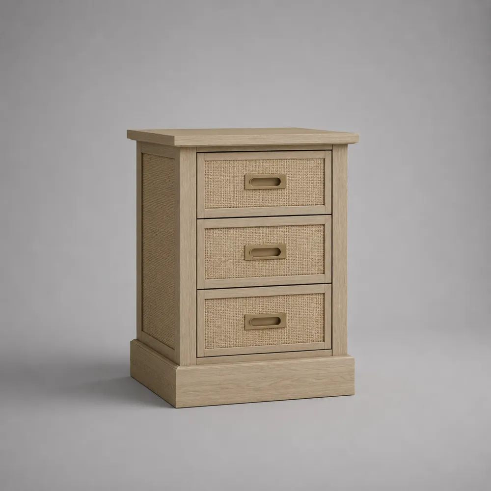 Comodino rettangolare con 3 cassetti in MDF impiallacciato rovere e rattan beige, 45 x 35 x 65 cm