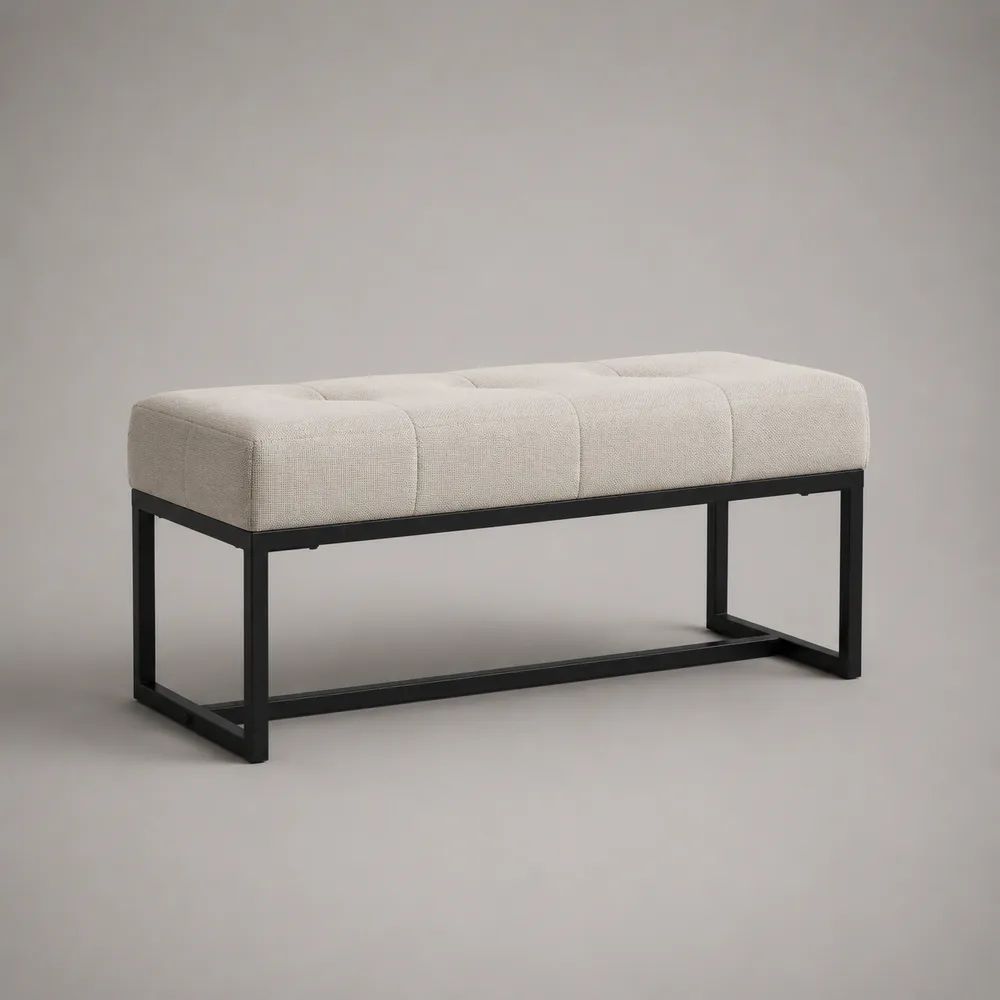 Panca da fondo letto rettangolare imbottita in tessuto e acciaio, beige e nero, 120 x 40 x 48 cm