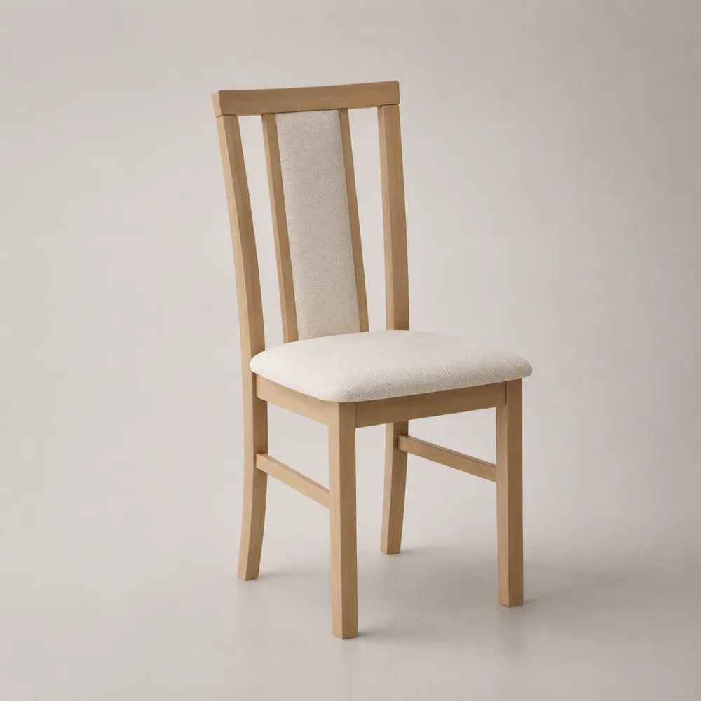 Sedia da pranzo imbottita in legno massello e tessuto, rovere chiaro e beige, 43 × 48 × 97 cm