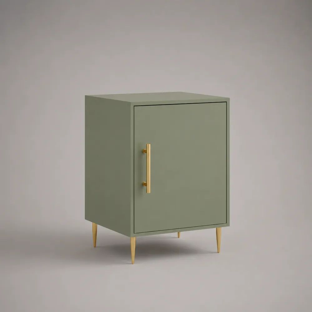 Comodino rettangolare con anta in MDF verde salvia e gambe dorate, 45 x 35 x 60 cm