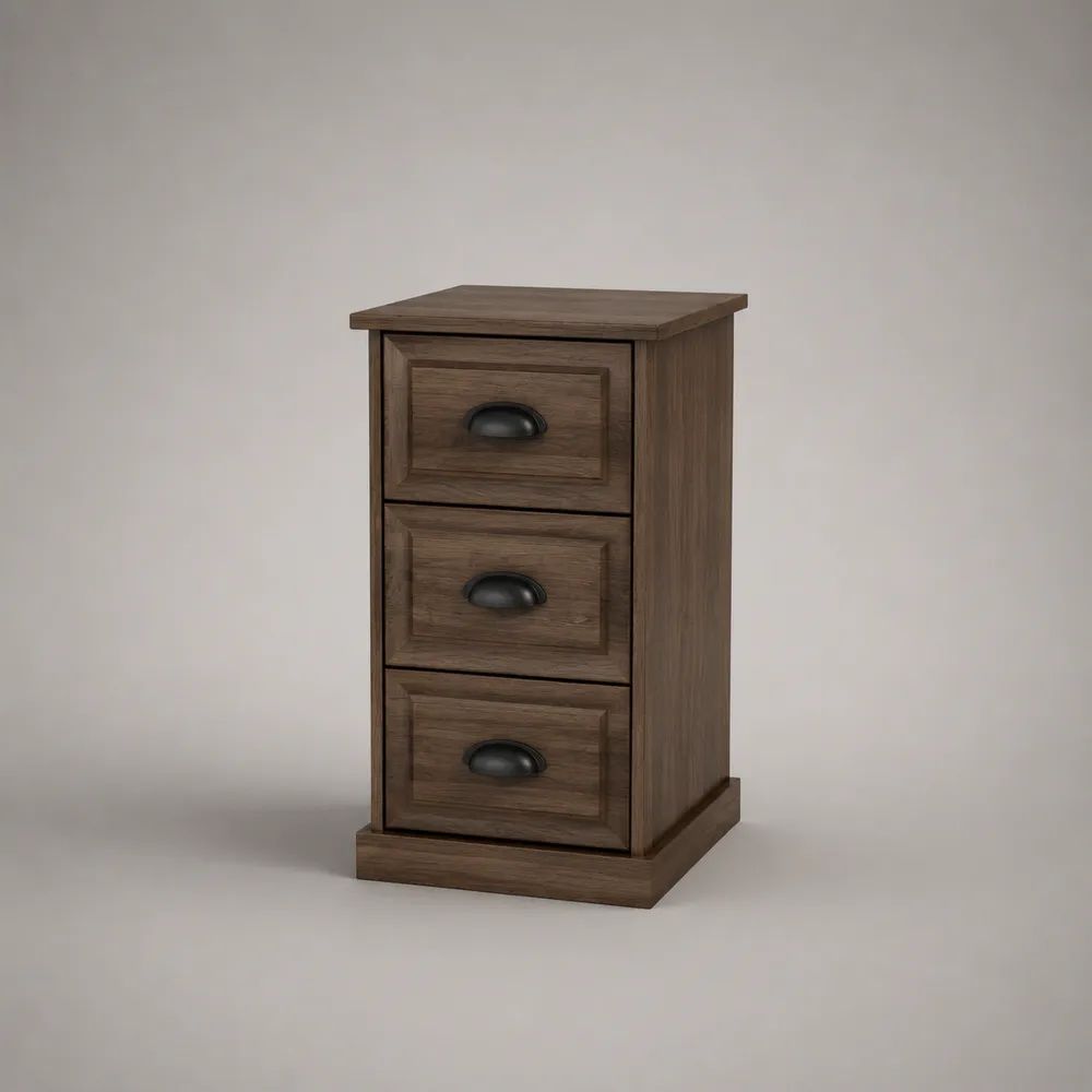 Comodino rettangolare in MDF rivestito marrone noce e nero con 3 cassetti, 40 × 35 × 65 cm