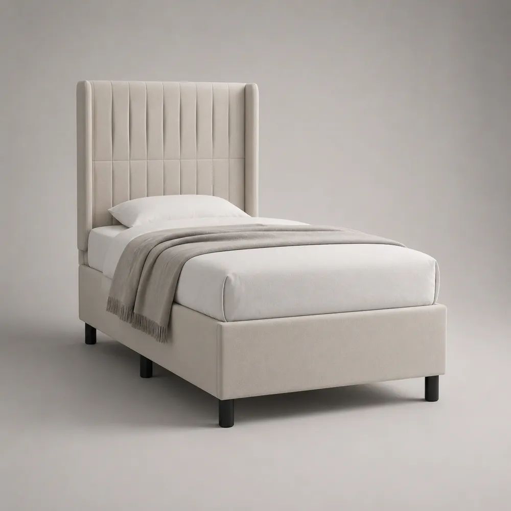 Letto singolo imbottito beige 90 x 200 cm con testiera alta a pannelli verticali