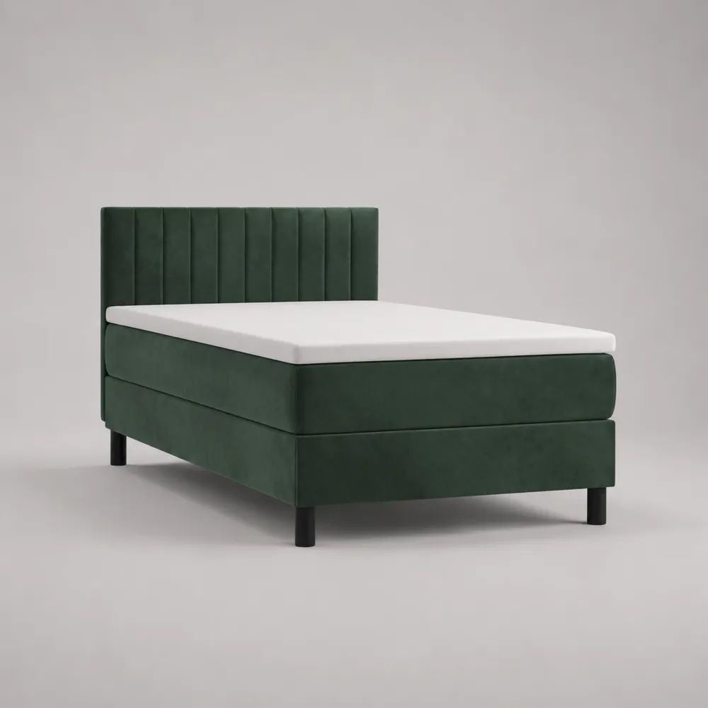Letto singolo imbottito in velluto verde scuro con materasso 90 x 200 cm, dimensioni 98 x 210 x 110 cm