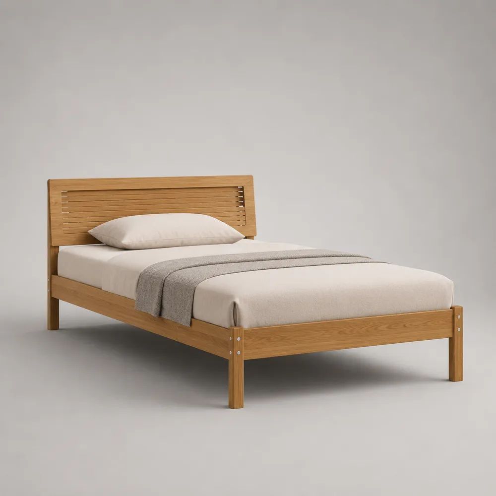 Letto singolo rettangolare in legno massello con testiera a listelli, rovere naturale, per materasso 90 × 200 cm, dimensioni 99 × 208 × 95 cm