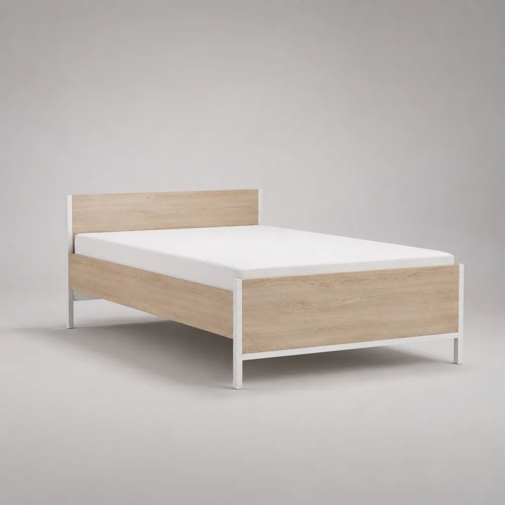 Struttura letto matrimoniale 160 x 200 cm in truciolare melaminico e acciaio, rovere chiaro e bianco