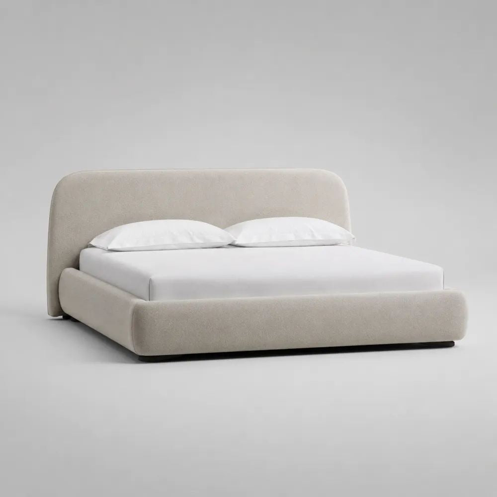 Letto matrimoniale imbottito beige 160 x 200 cm in bouclé di poliestere con testiera arrotondata e rete a doghe