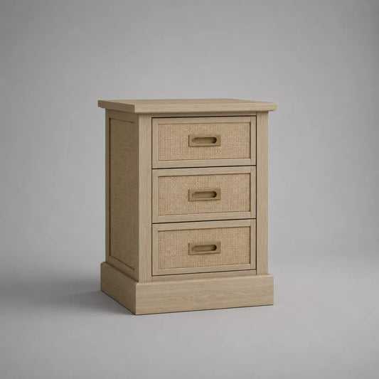 Comodino rettangolare con 3 cassetti in MDF impiallacciato rovere e rattan beige, 45 x 35 x 65 cm