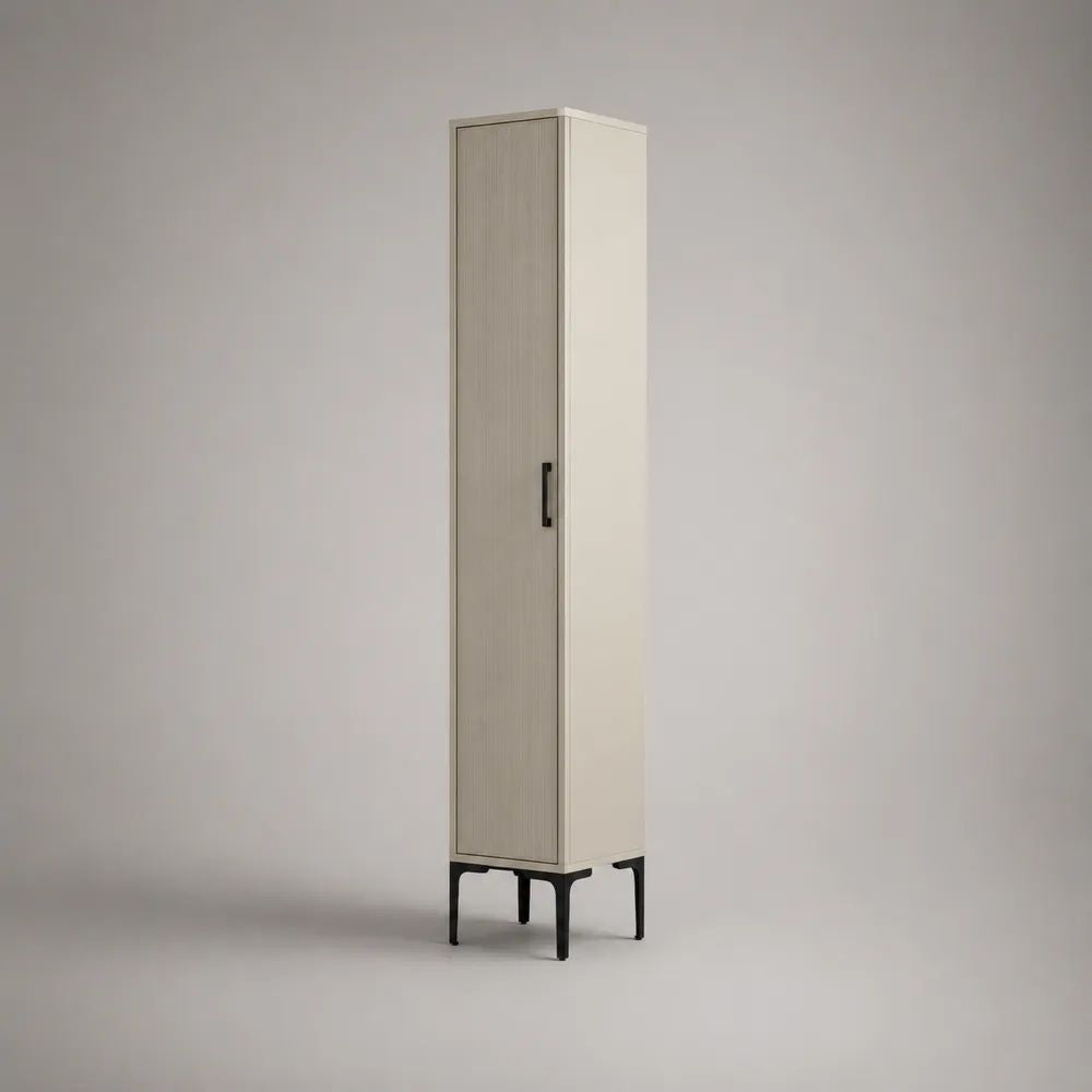 Armadio guardaroba stretto a 1 anta in MDF e truciolare avorio e beige con gambe in acciaio nero, 45 x 50 x 190 cm