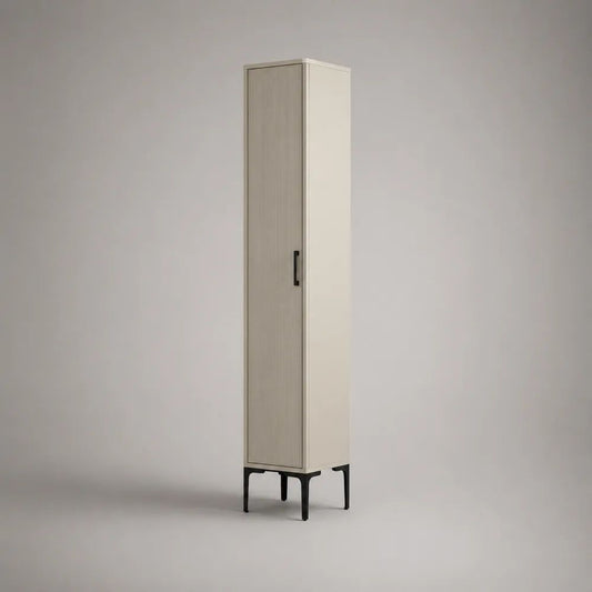 Armadio guardaroba stretto a 1 anta in MDF e truciolare avorio e beige con gambe in acciaio nero, 45 x 50 x 190 cm