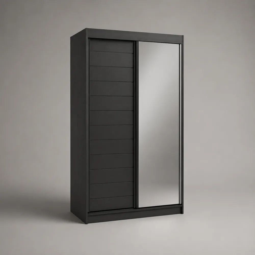 Armadio guardaroba nero e argento con 2 ante scorrevoli e specchio, 120 x 60 x 200 cm