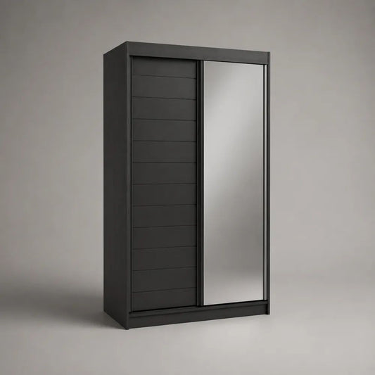 Armadio guardaroba nero e argento con 2 ante scorrevoli e specchio, 120 x 60 x 200 cm