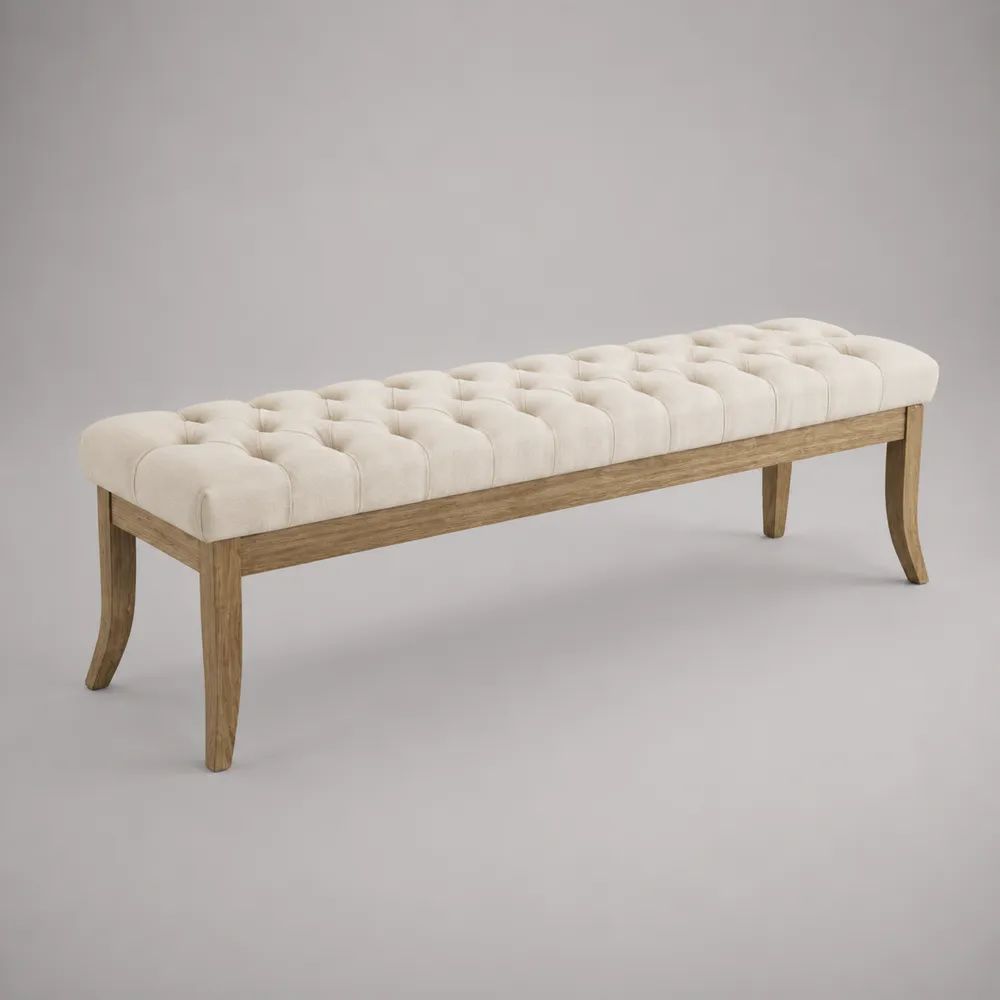 Panca imbottita capitonné in tessuto e legno massello, beige e marrone rovere, 140 x 40 x 48 cm