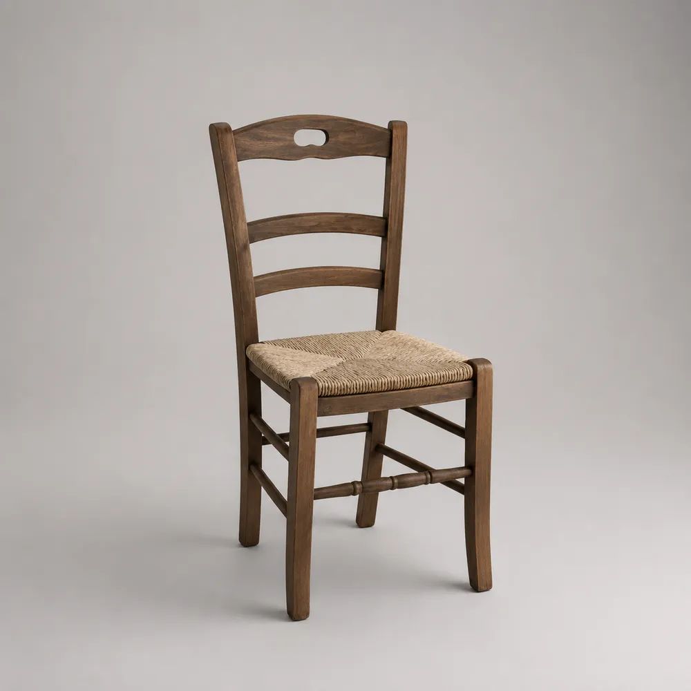 Sedia da pranzo in legno massello marrone con seduta in corda di carta naturale, 43 × 48 × 92 cm