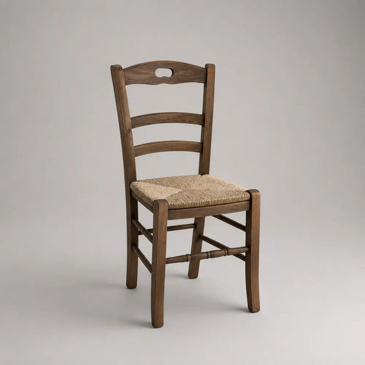 Sedia da pranzo in legno massello marrone con seduta in corda di carta naturale, 43 × 48 × 92 cm