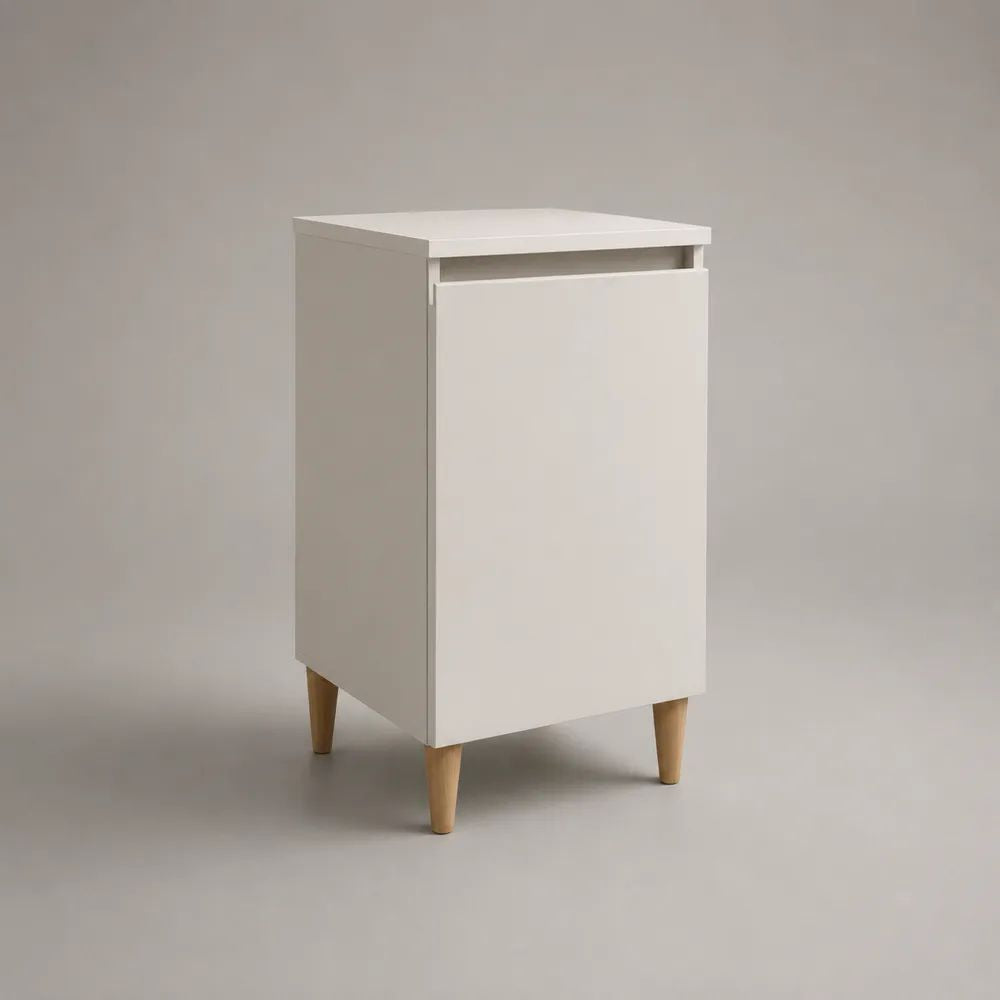 Comodino rettangolare con anta in MDF e gambe in legno, bianco e legno naturale, 40 × 35 × 70 cm