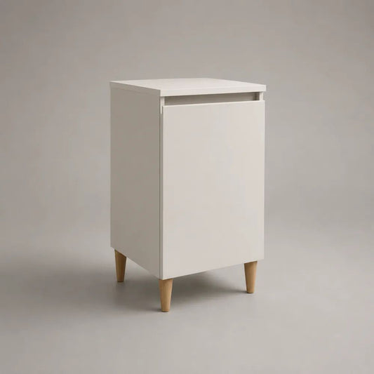 Comodino rettangolare con anta in MDF e gambe in legno, bianco e legno naturale, 40 × 35 × 70 cm