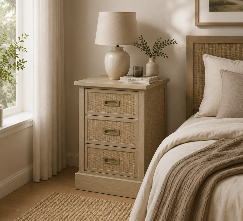 Comodino in legno e rattan naturale