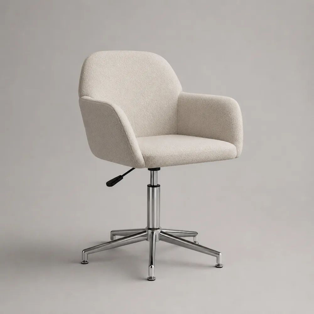 Sedia da pranzo girevole e regolabile con braccioli, rivestimento bouclé beige e base in acciaio cromato, 62 x 58 x 82-92 cm