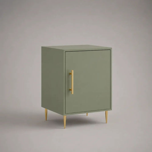 Comodino rettangolare con anta in MDF verde salvia e gambe dorate, 45 x 35 x 60 cm