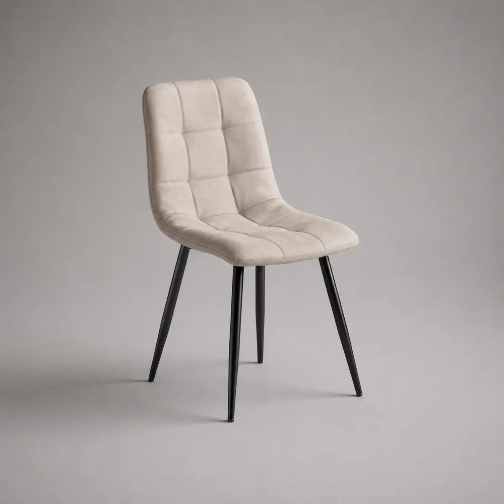 Sedia da pranzo imbottita in microfibra beige con gambe in acciaio nero, 49 x 56 x 86 cm
