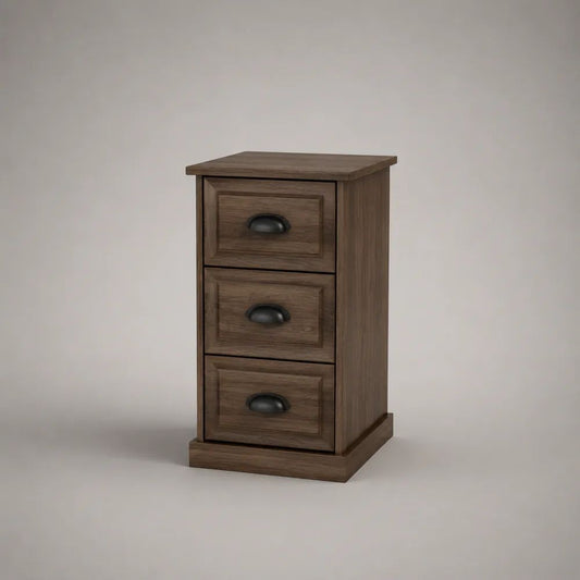 Comodino rettangolare in MDF rivestito marrone noce e nero con 3 cassetti, 40 × 35 × 65 cm