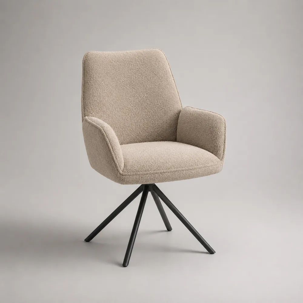 Sedia da pranzo girevole con braccioli in tessuto bouclé beige e base in acciaio nero, 60 x 63 x 86 cm