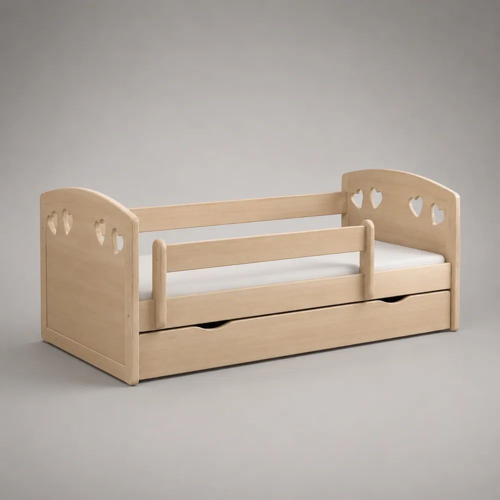 Letto per bambini 80 × 160 cm in legno massello di pino naturale con sponde anticaduta e cassetto estraibile