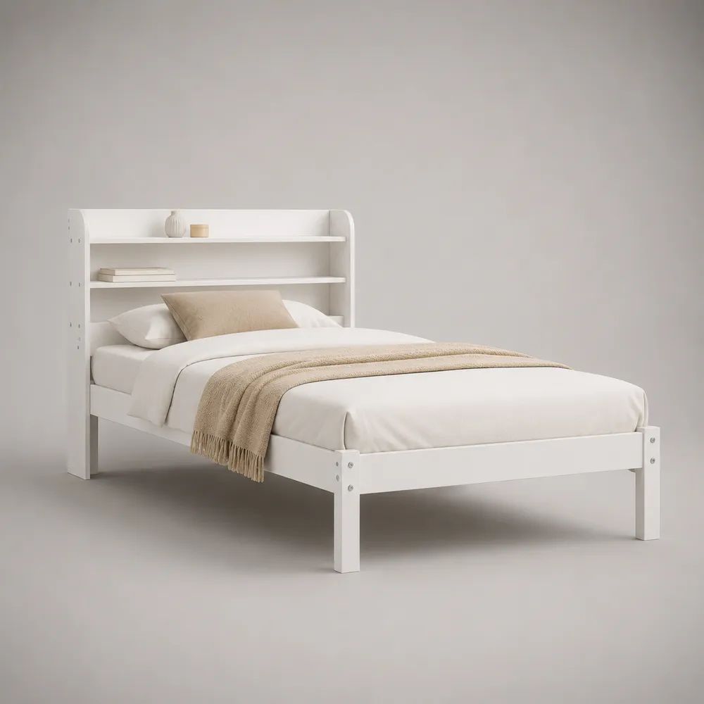Letto singolo in legno bianco 90 x 200 cm con testiera libreria, 2 ripiani e rete a doghe