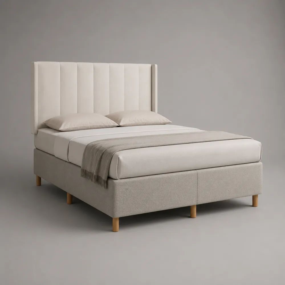 Letto matrimoniale imbottito 160 x 200 cm in poliestere beige con testiera alta a pannelli, 168 x 210 x 120 cm