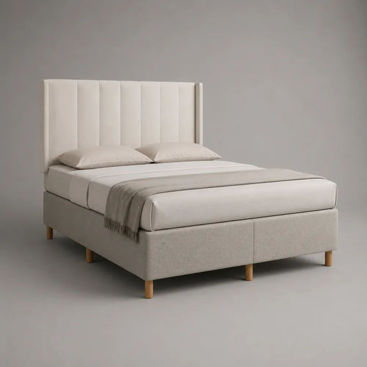 Letto matrimoniale imbottito 160 x 200 cm in poliestere beige con testiera alta a pannelli, 168 x 210 x 120 cm