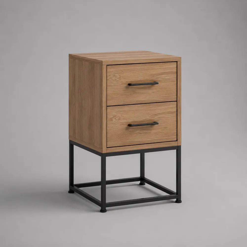 Comodino rettangolare in legno e metallo con 2 cassetti, effetto rovere naturale e nero, 40 x 35 x 65 cm