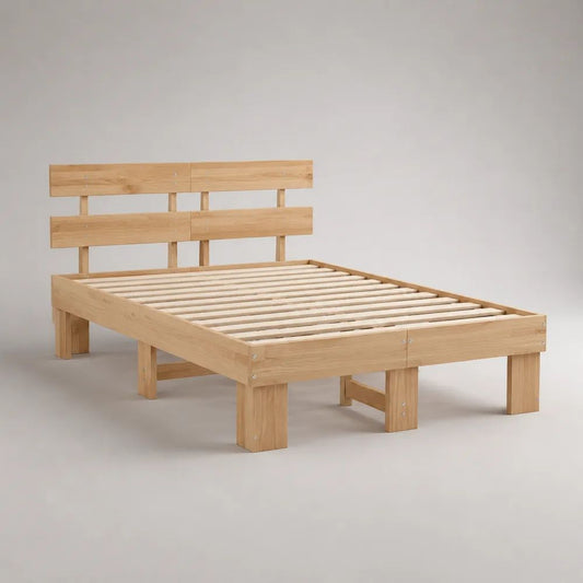 Letto matrimoniale alla francese in legno massello di pino naturale con rete a doghe, materasso 140 x 200 cm, dimensioni 146 x 206 x 100 cm
