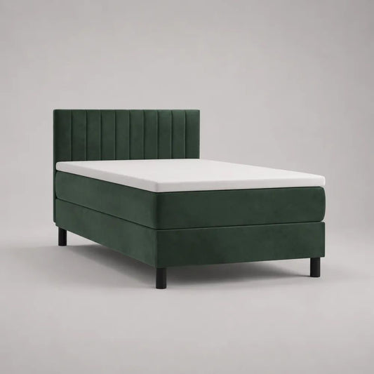 Letto singolo imbottito in velluto verde scuro con materasso 90 x 200 cm, dimensioni 98 x 210 x 110 cm
