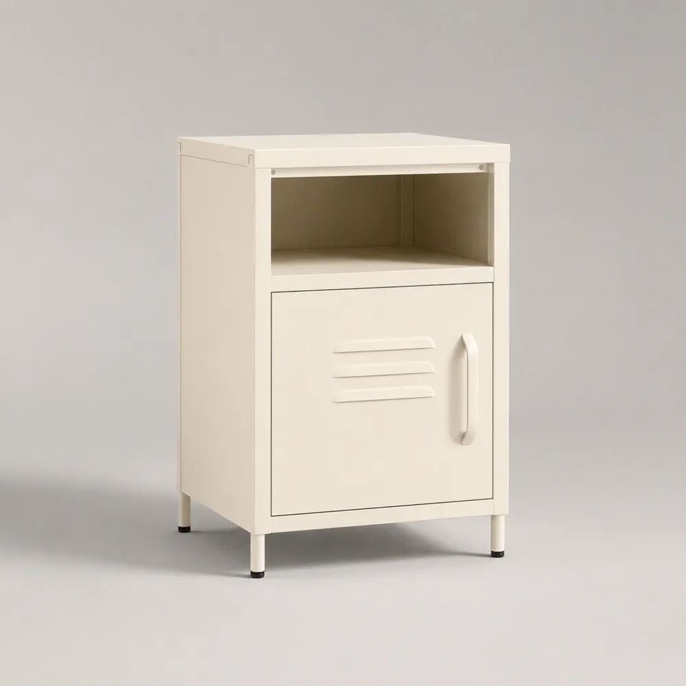 Comodino rettangolare in acciaio con vano aperto e anta, bianco crema, 40 x 35 x 65 cm