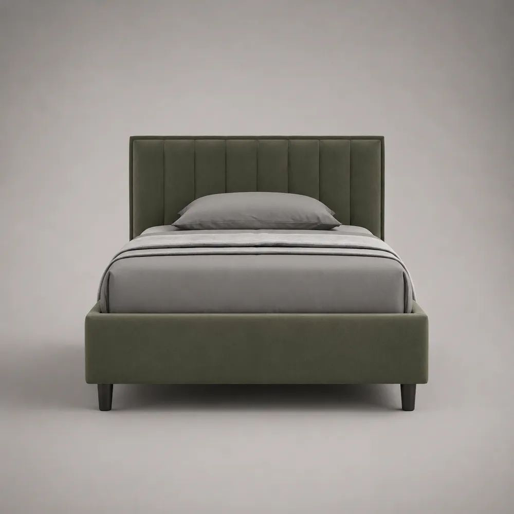 Letto singolo imbottito in velluto verde oliva, 104 x 215 x 112 cm, per materasso 90 x 200 cm