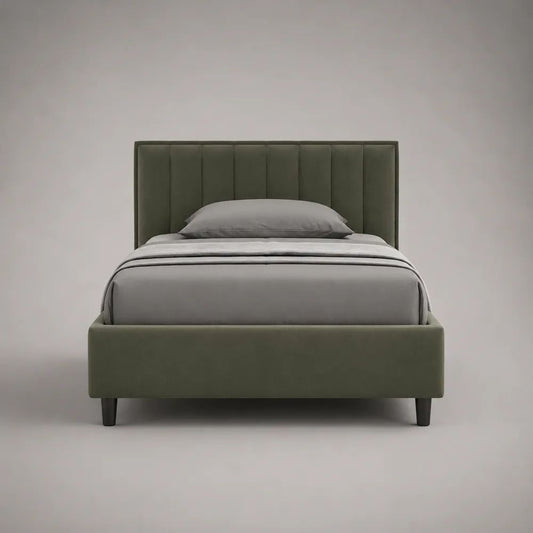 Letto singolo imbottito in velluto verde oliva, 104 x 215 x 112 cm, per materasso 90 x 200 cm