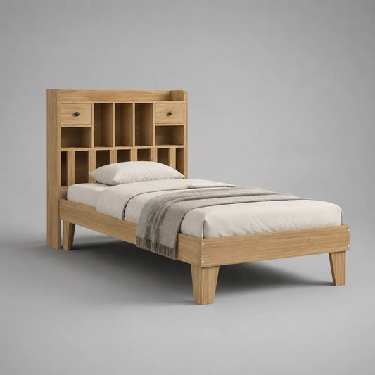 Letto singolo in legno 218 x 99 x 145 cm per materasso 90 x 200 cm con testiera libreria, rete a doghe e 2 cassetti, marrone naturale