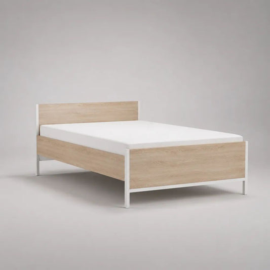 Struttura letto matrimoniale 160 x 200 cm in truciolare melaminico e acciaio, rovere chiaro e bianco