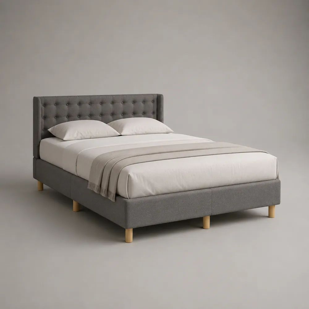 Letto matrimoniale imbottito in tessuto grigio con testiera trapuntata e rete a doghe, 160 × 200 cm