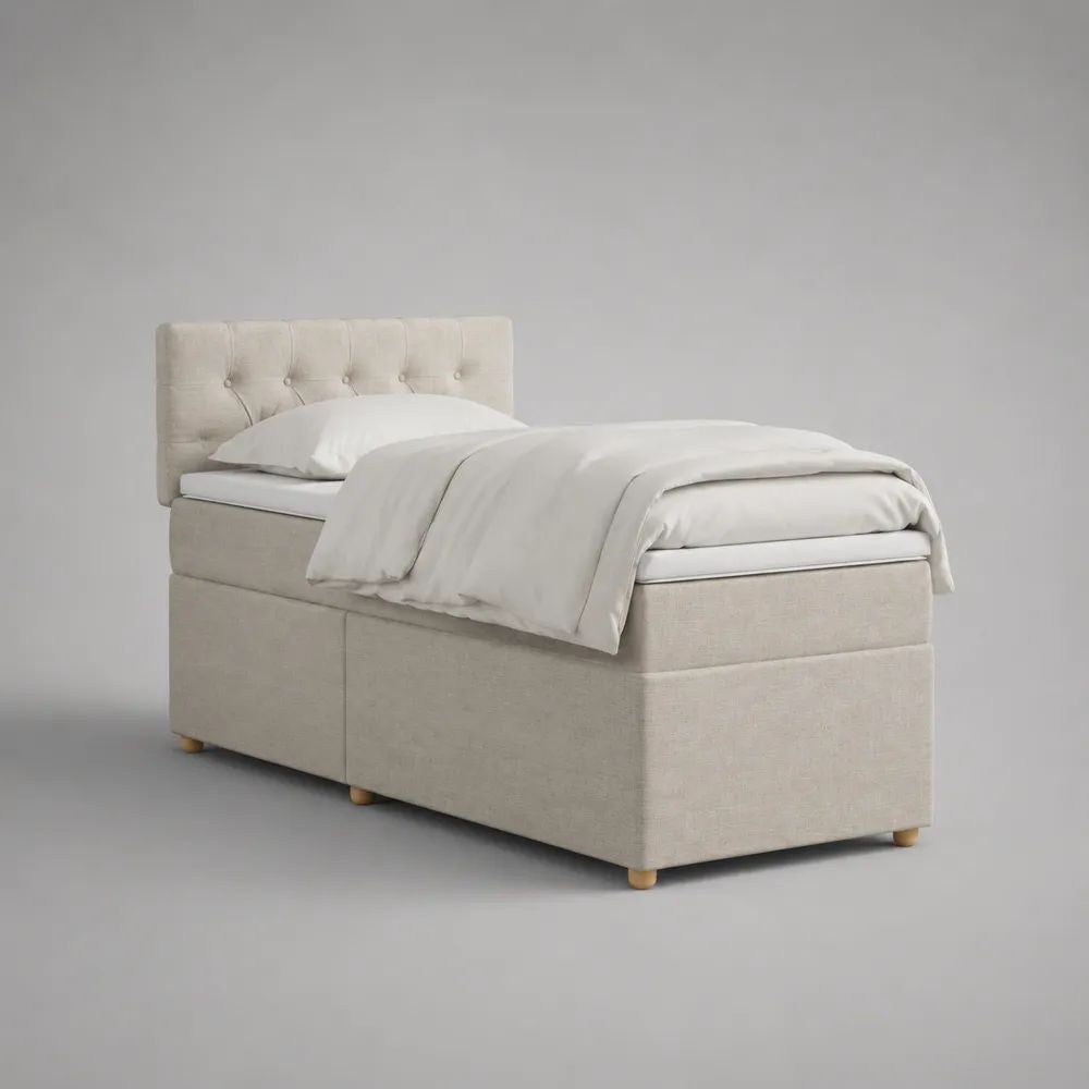Letto singolo contenitore imbottito beige 99 x 210 x 110 cm con rete 90 x 200 cm e testiera capitonné