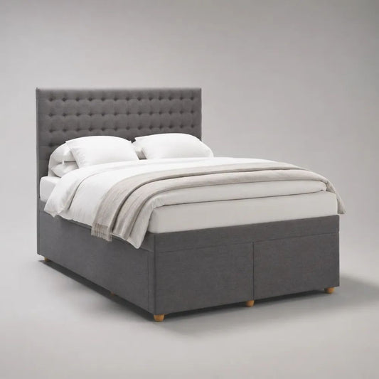 Letto matrimoniale in tessuto grigio con testiera capitonné e 2 cassetti, per materasso 160 x 200 cm, dimensioni 170 x 215 x 120 cm